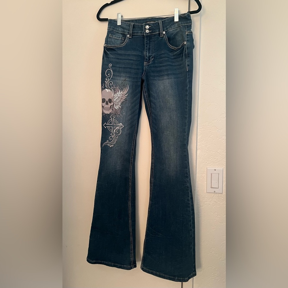 Hot Topic Flared Jeans with Skull Design